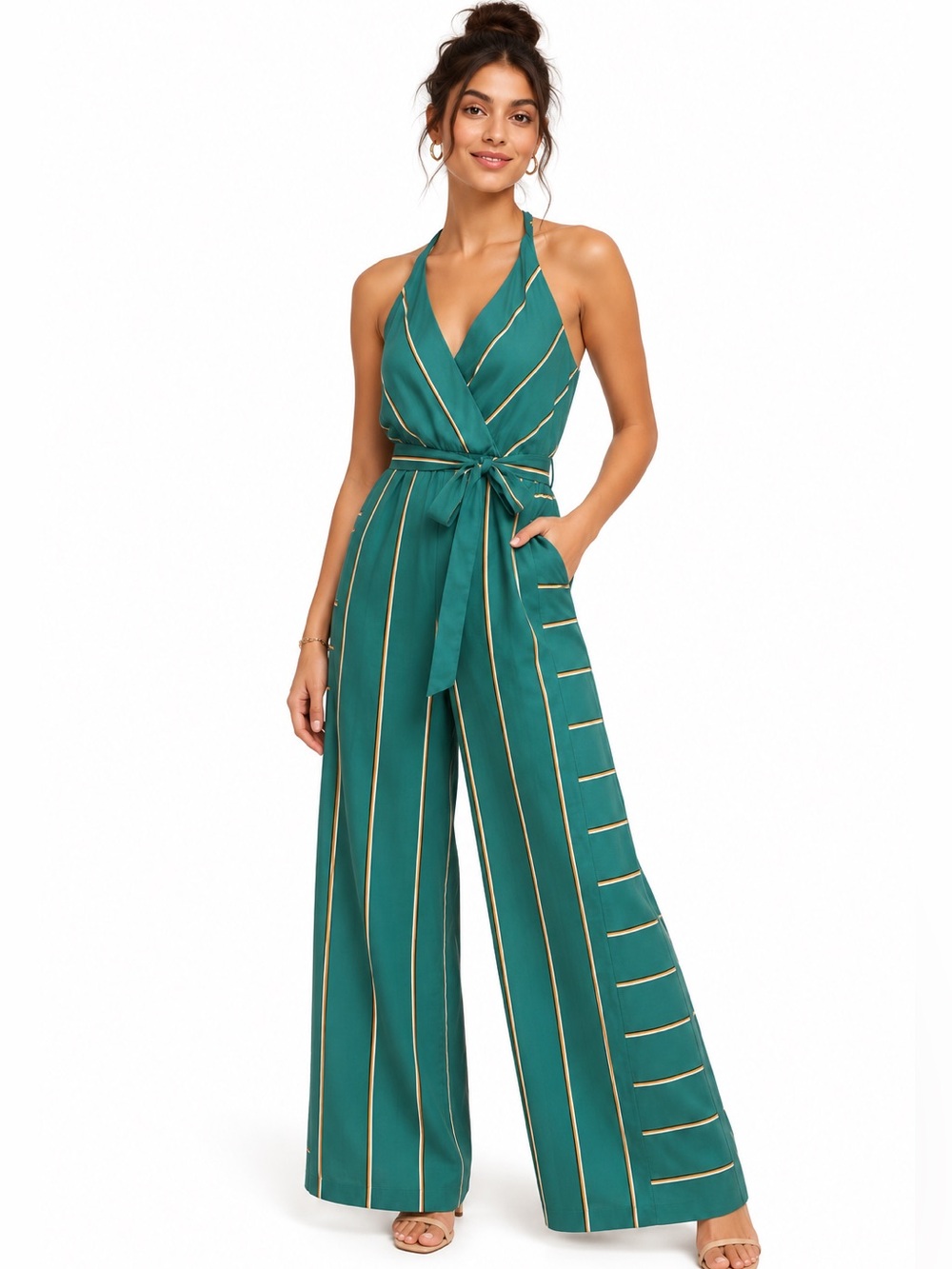 Anthropologie Ett:Twa Portsmouth Green Striped Wide Leg Jumpsuit S